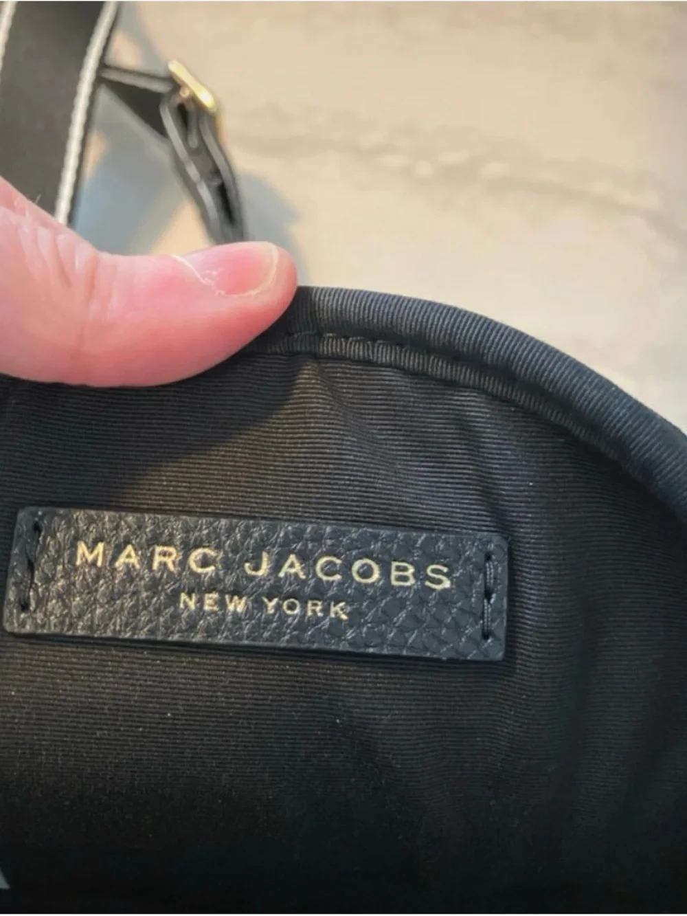 Marc Jacobs Black Pebbled Leather Oval Crossbody with Striped Strap - Picture 14 of 15